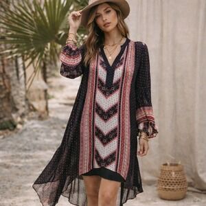 Free People Boho Hi Low Sheer Tunic Dress Detachable Slip Festival Small